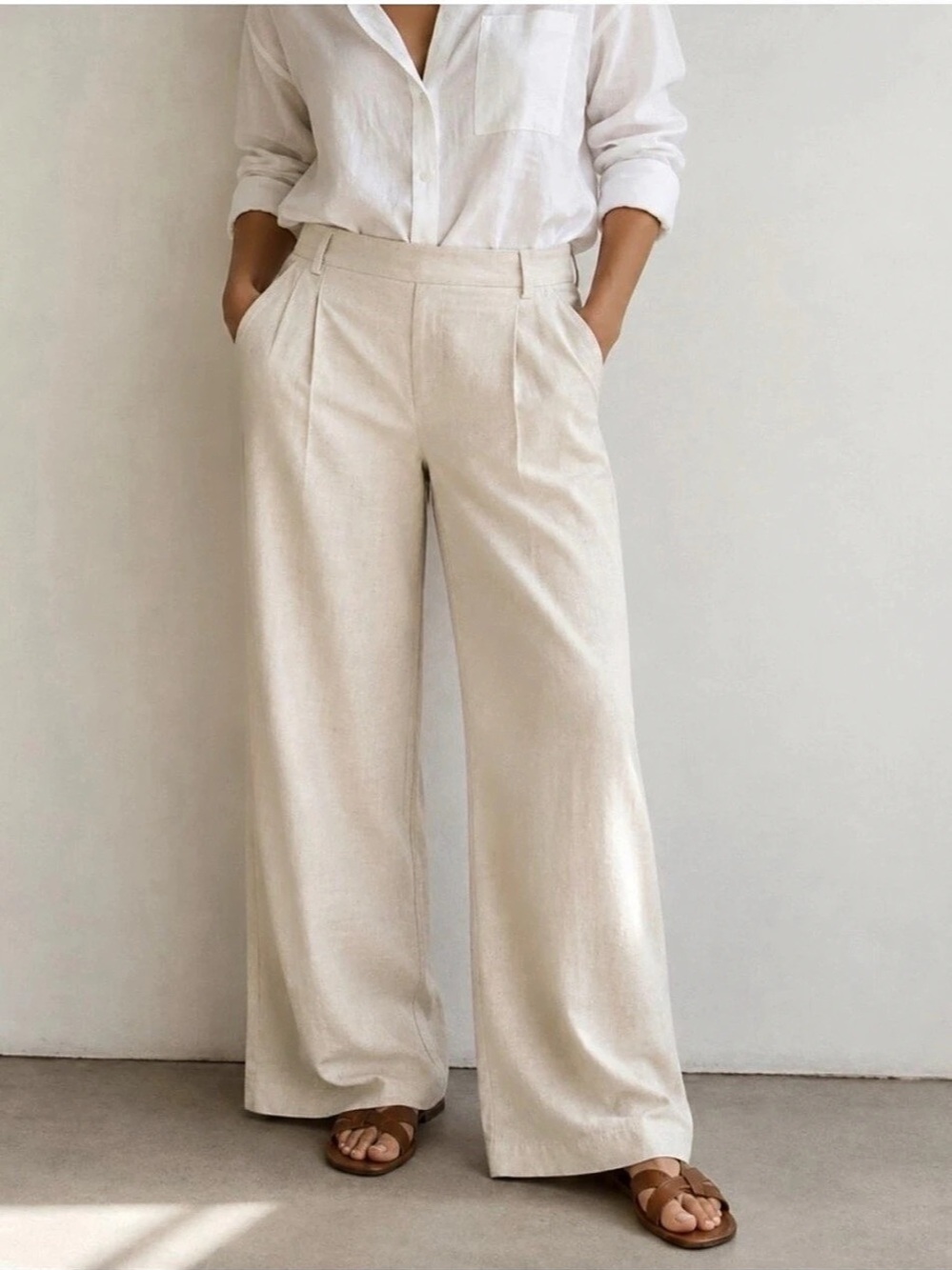 Vince Pleated Pull-On Pants in Linen Blend Wide Leg Linen Pants in Cream Size